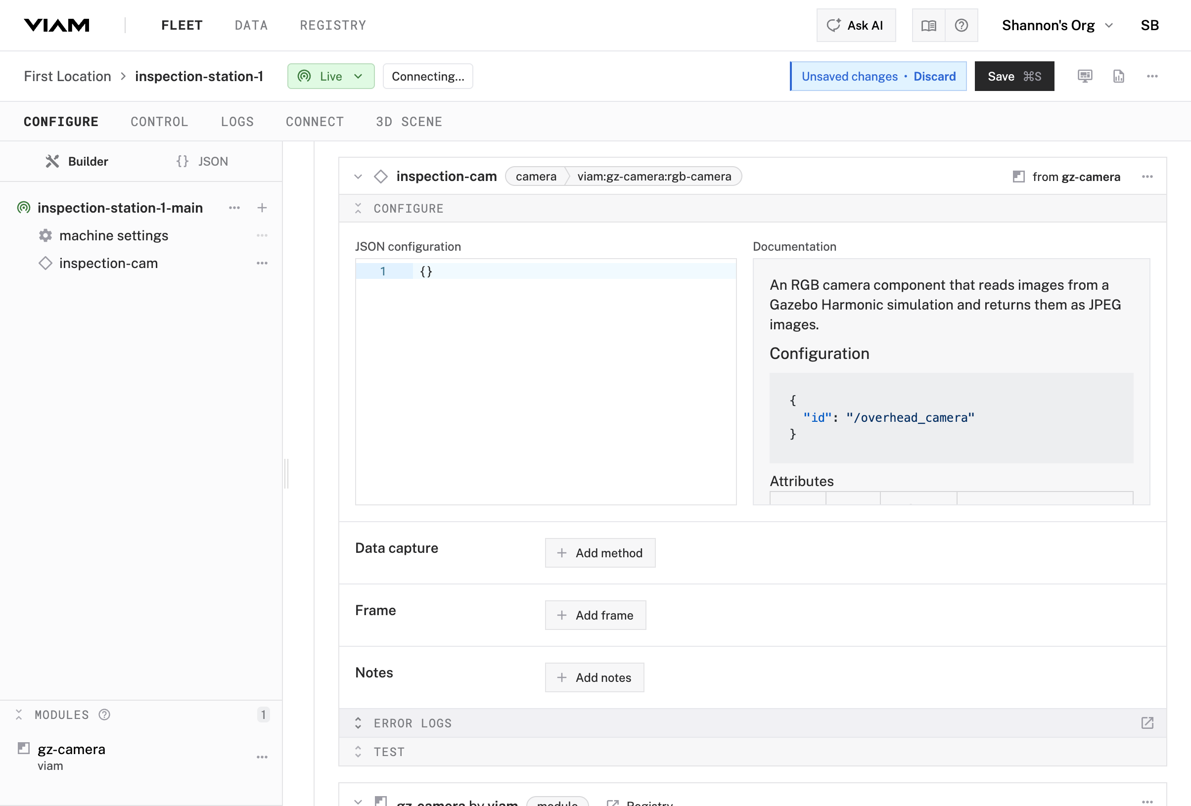 Camera configuration panel showing the inspection-cam component with JSON configuration section and documentation.